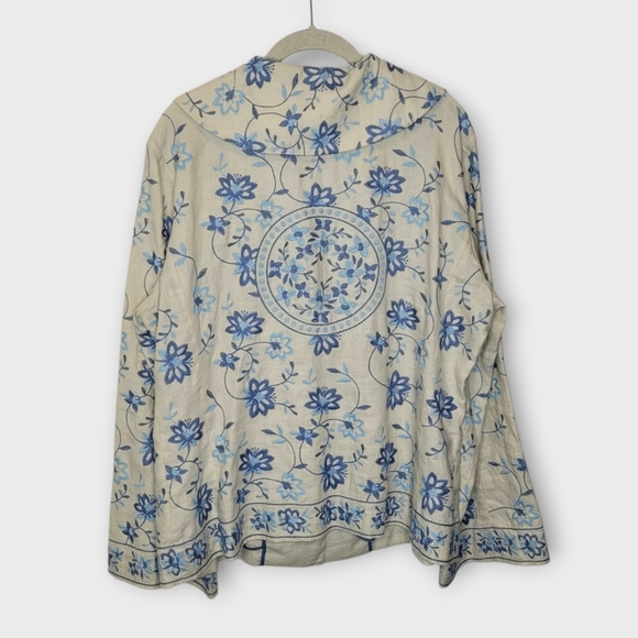 J Jill Linen Embroidered Jacket L Cream Blue Floral - Picture 2 of 6